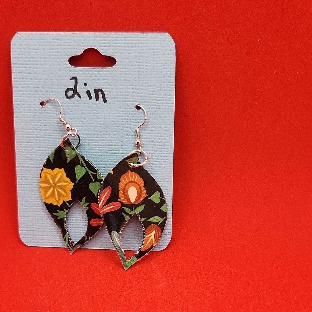 Hand Crafted Floral Faux Leather Dangle Earrings Colorful Boho Lightweight